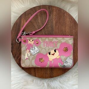 COACH Poppy Chan PINKY Signature Tan Coated Canvas Wristlet